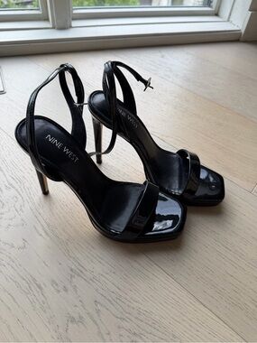 Nine West Black Patent Square-Toe Stiletto Sandals